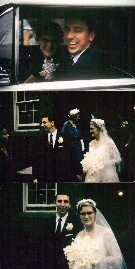 Three color photos showing the couple in a car, and walking together outside the ceremony.