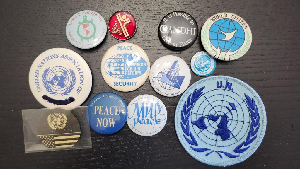 Buttons mostly related to the UN.
